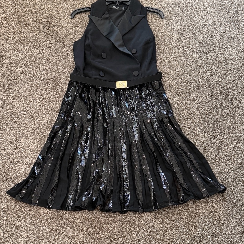 Ralph Lauren tuxedo Black Sequin Pleated Belted Dress with belt.
